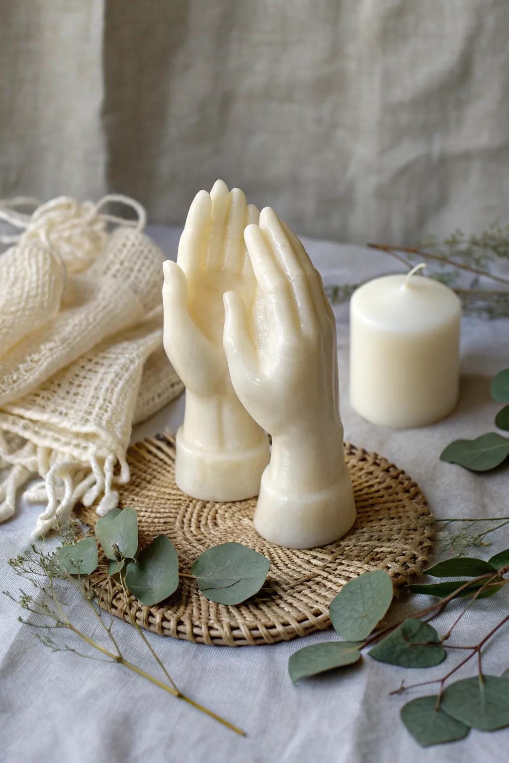Celebrate unity and love with beautifully crafted interlocking wax hands.