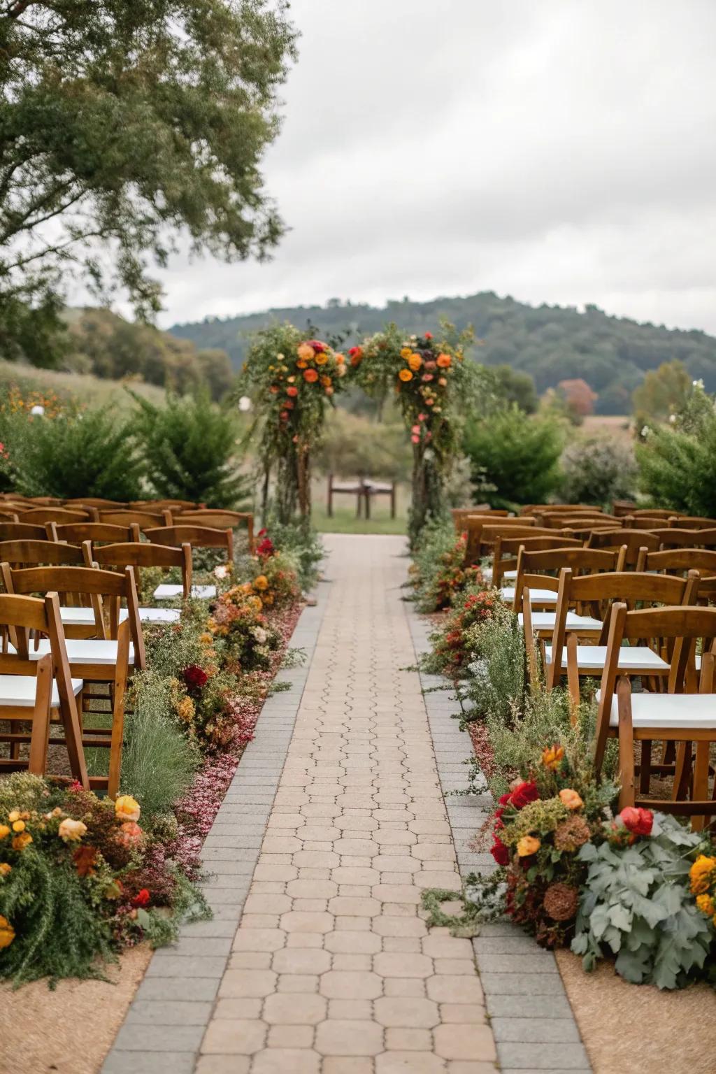 A wedding aisle adorned with seasonal foliage.