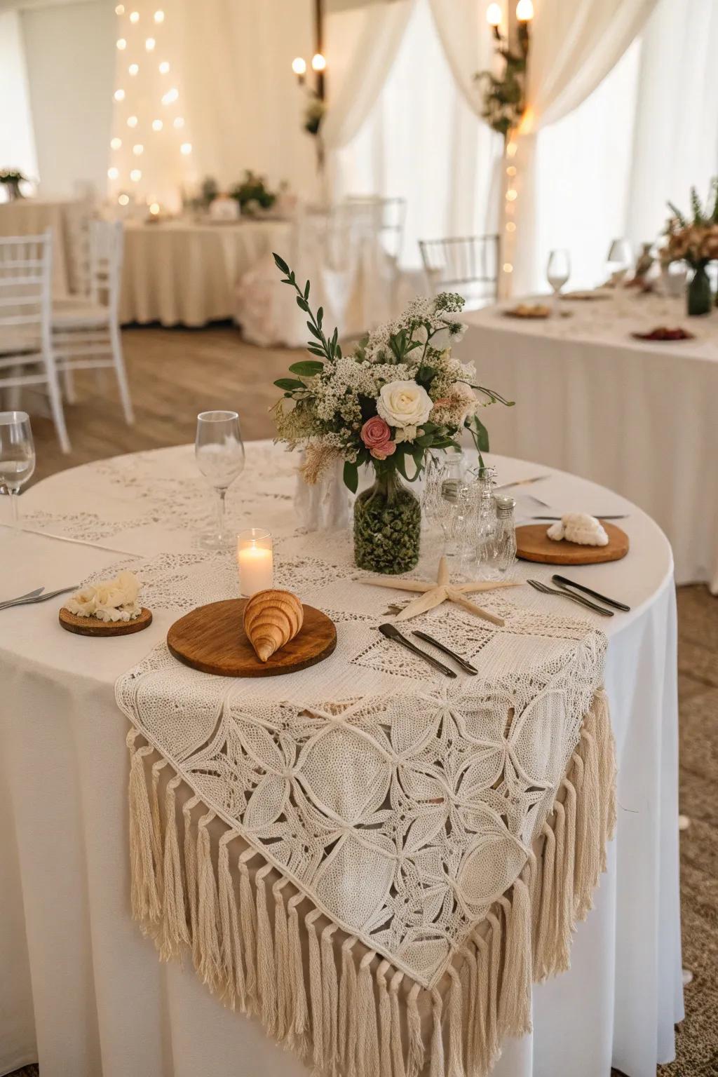 Macramé runners bring a boho-chic vibe to wedding tables.