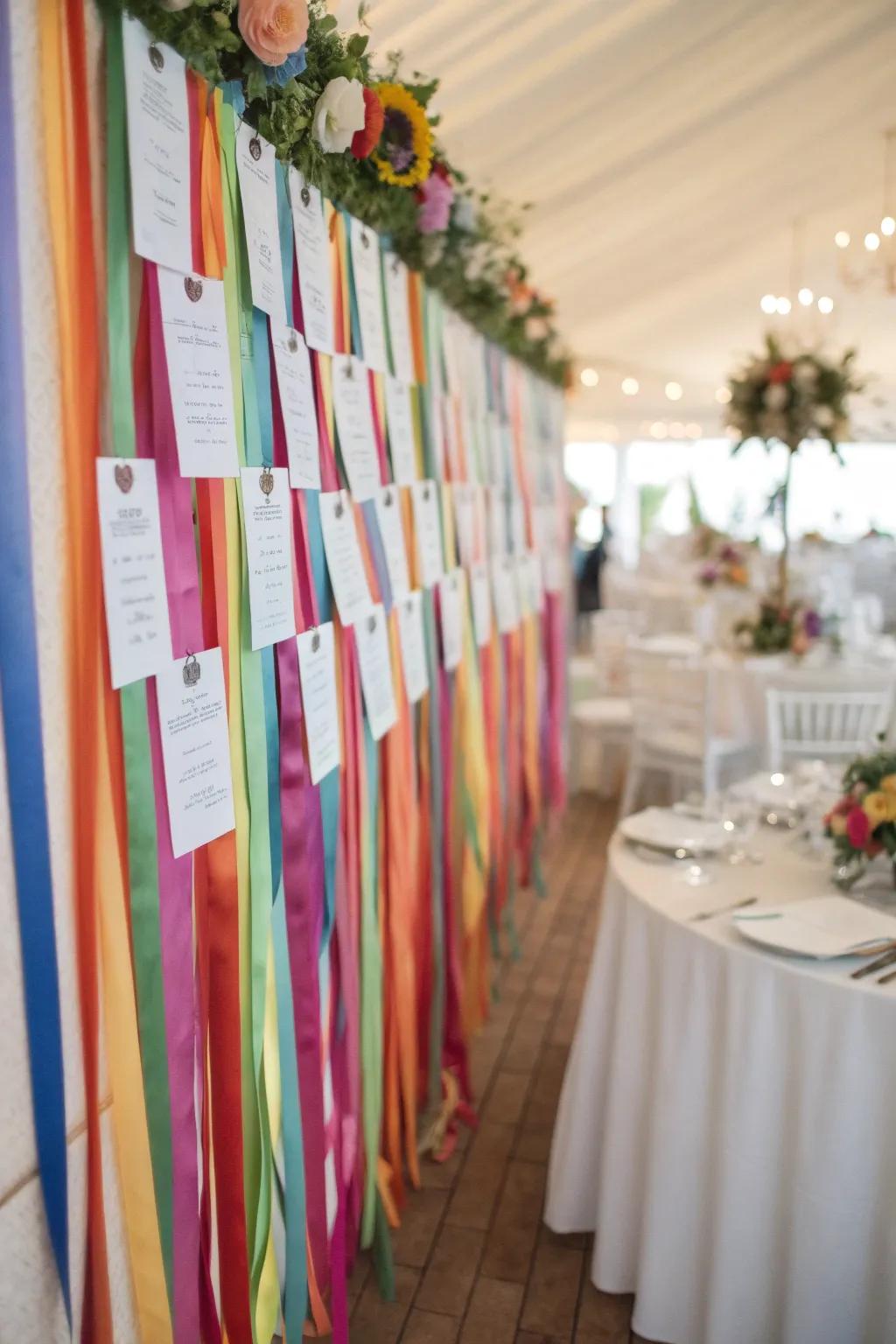 A vibrant ribbon backdrop showcasing seating cards, adding a festive flair to a wedding celebration.