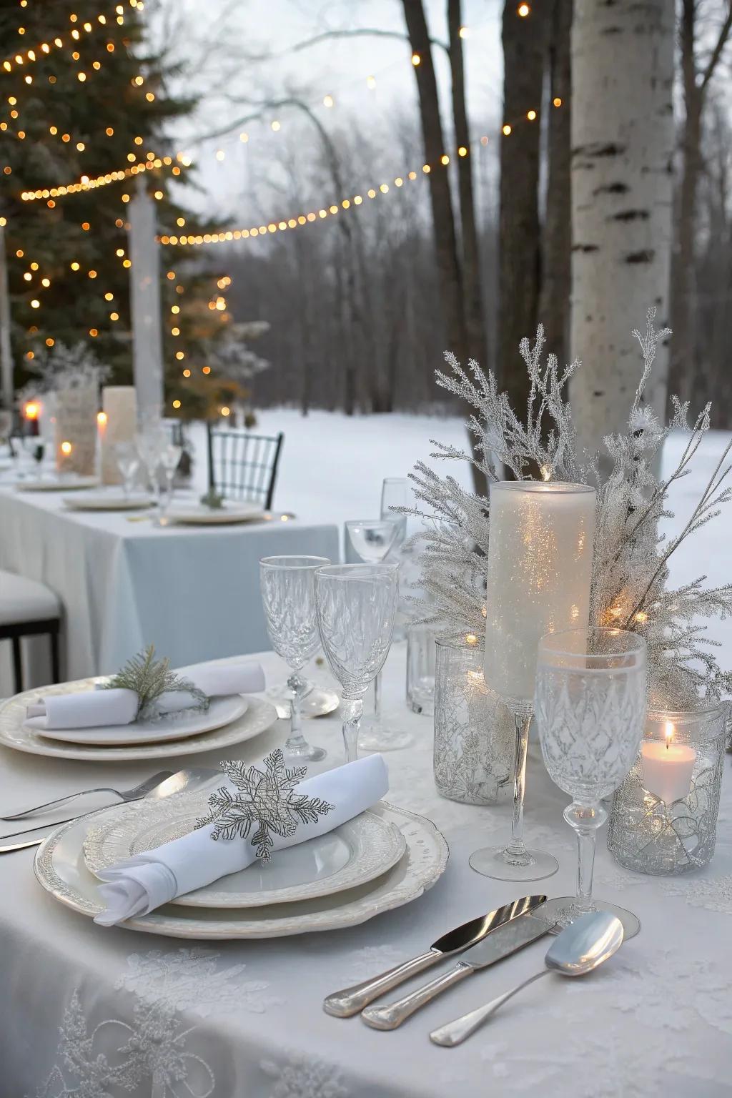 A winter wonderland wedding table setting creating a magical atmosphere.