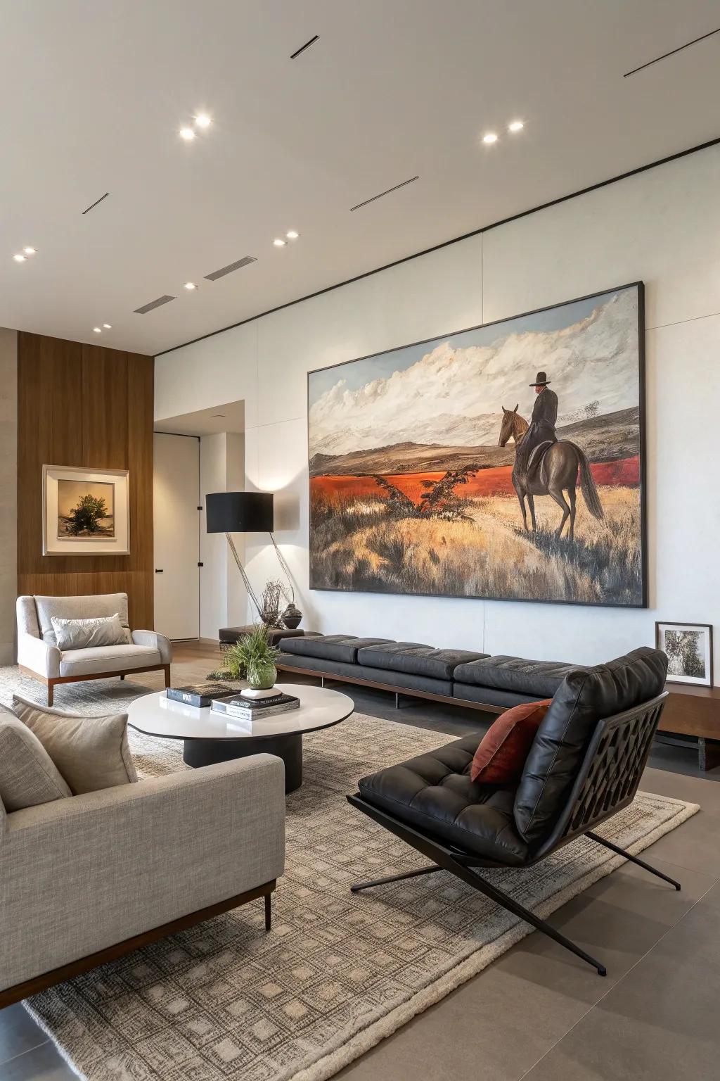 Abstract western art adds a modern and artistic touch to this living room.