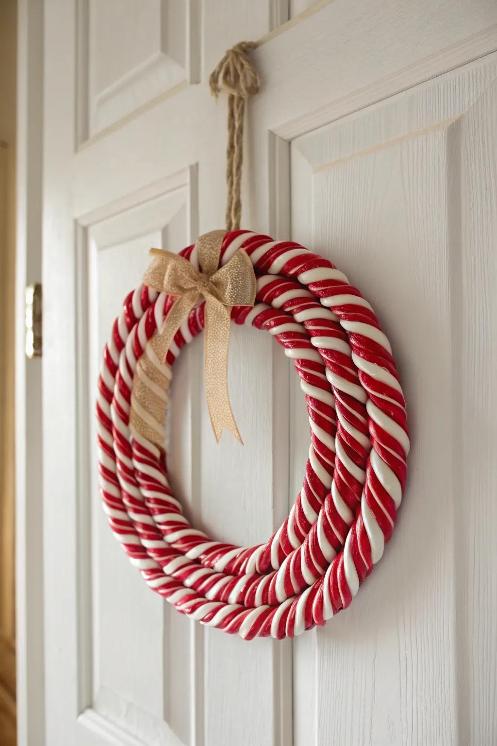 Transform leftover candy canes into a stunning wreath that brings festive charm to your door!