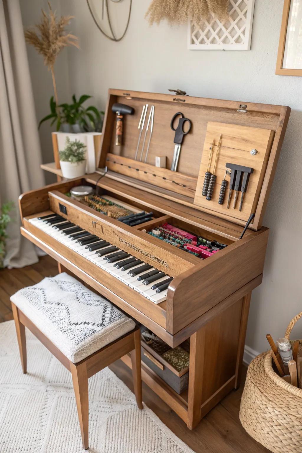 Transform your old piano into a stylish craft tool bench, blending Scandinavian simplicity with Boho charm.