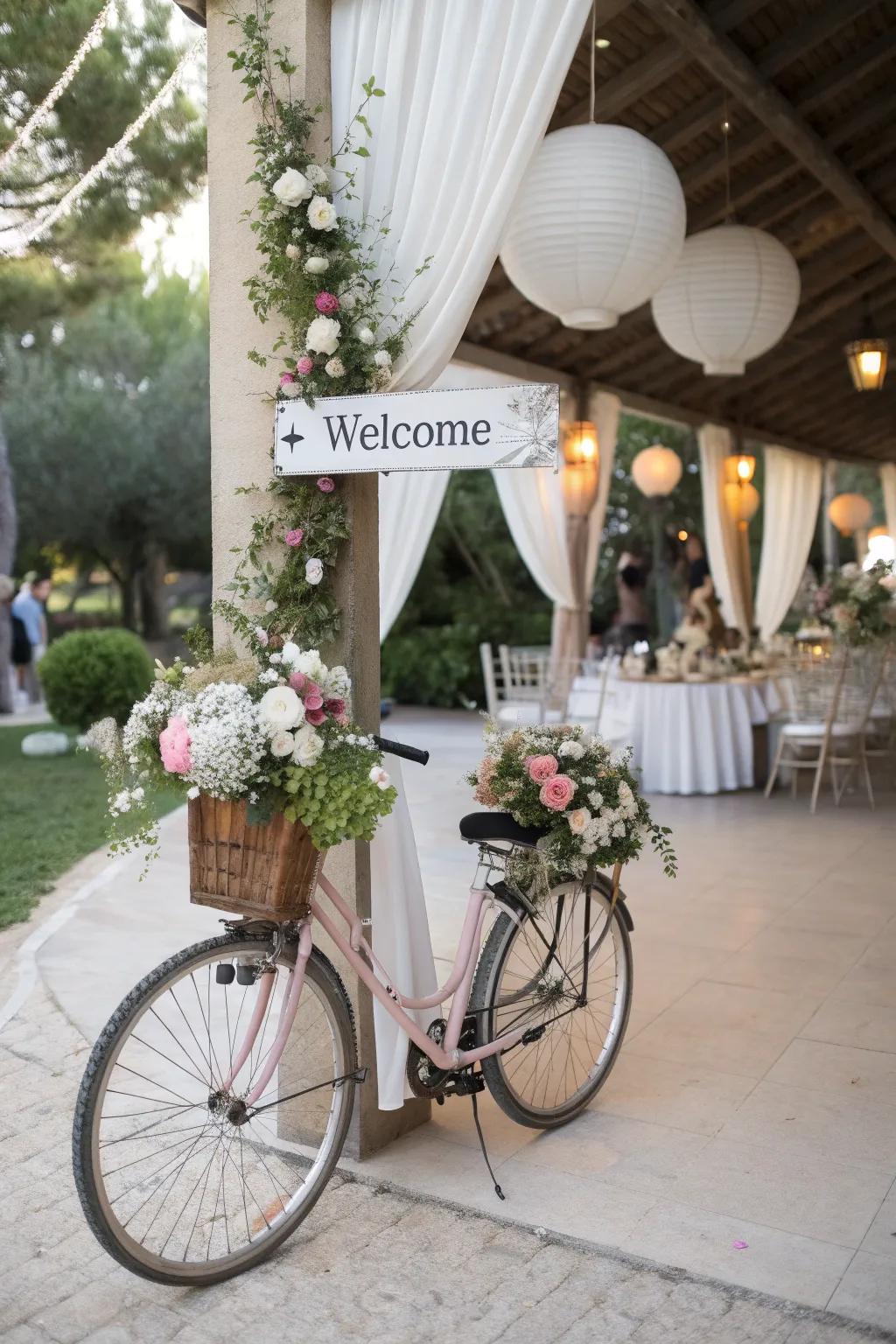 A vintage bicycle adds a charming touch to wedding decor.