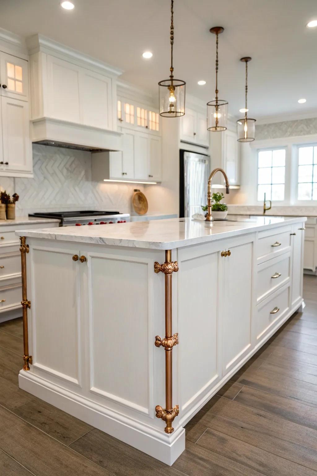 A copper-detailed island creates a focal point in this kitchen.