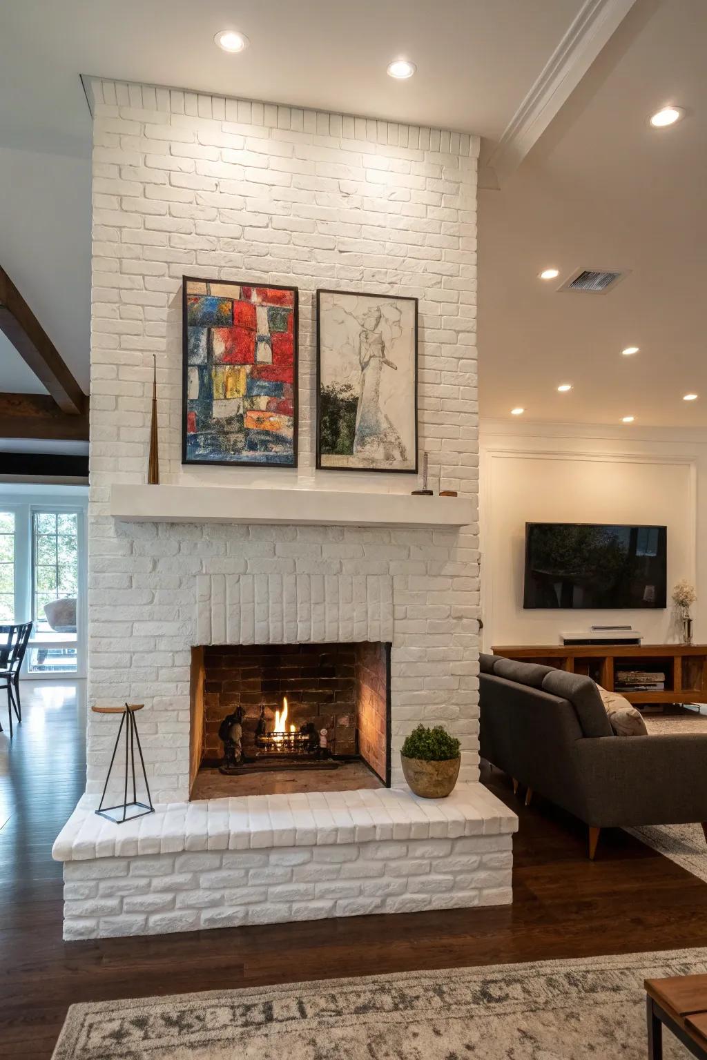 A contemporary living room featuring a whitewashed fireplace with bold artwork.