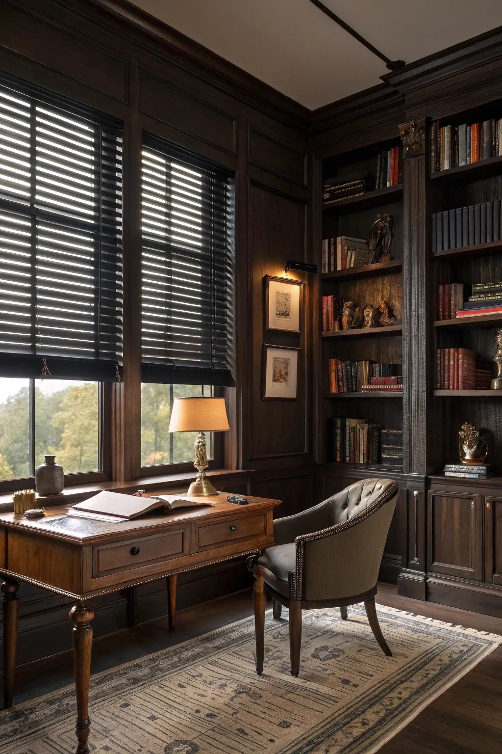 Dark blinds create depth and a dramatic effect.