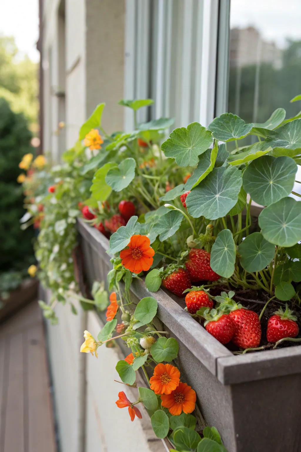 An edible window box featuring strawberries and nasturtiums for a tasty and beautiful summer display.