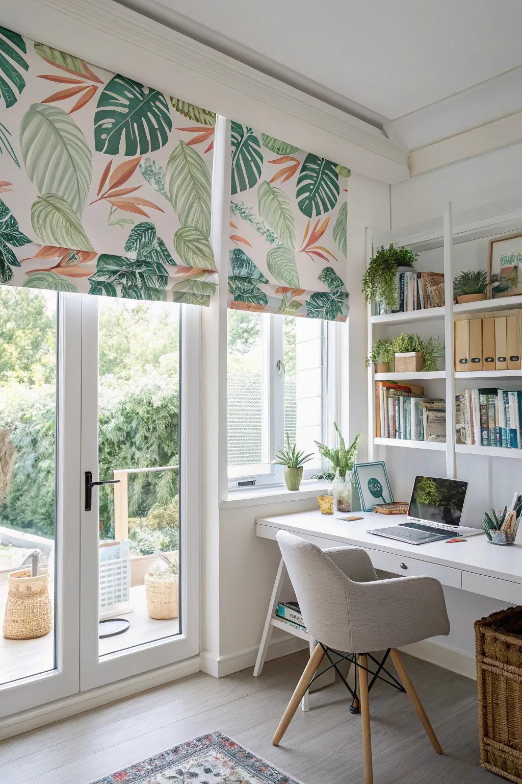 Tropical-patterned window treatments in a home office