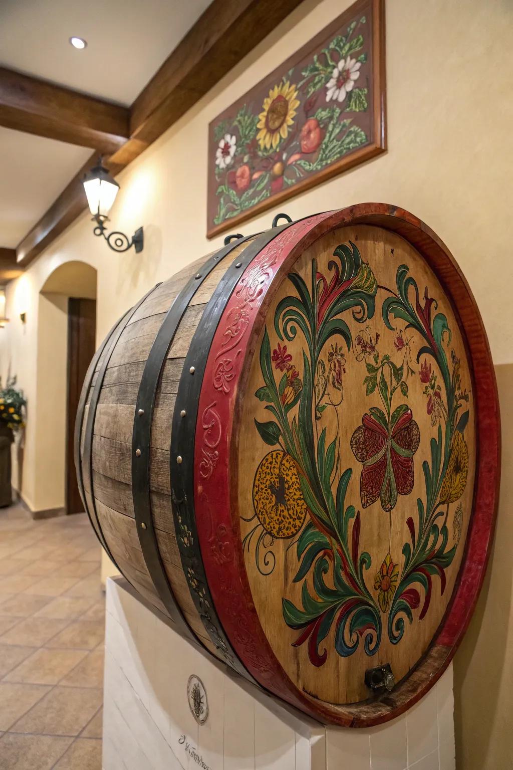 A wine barrel wall art piece makes a unique statement.