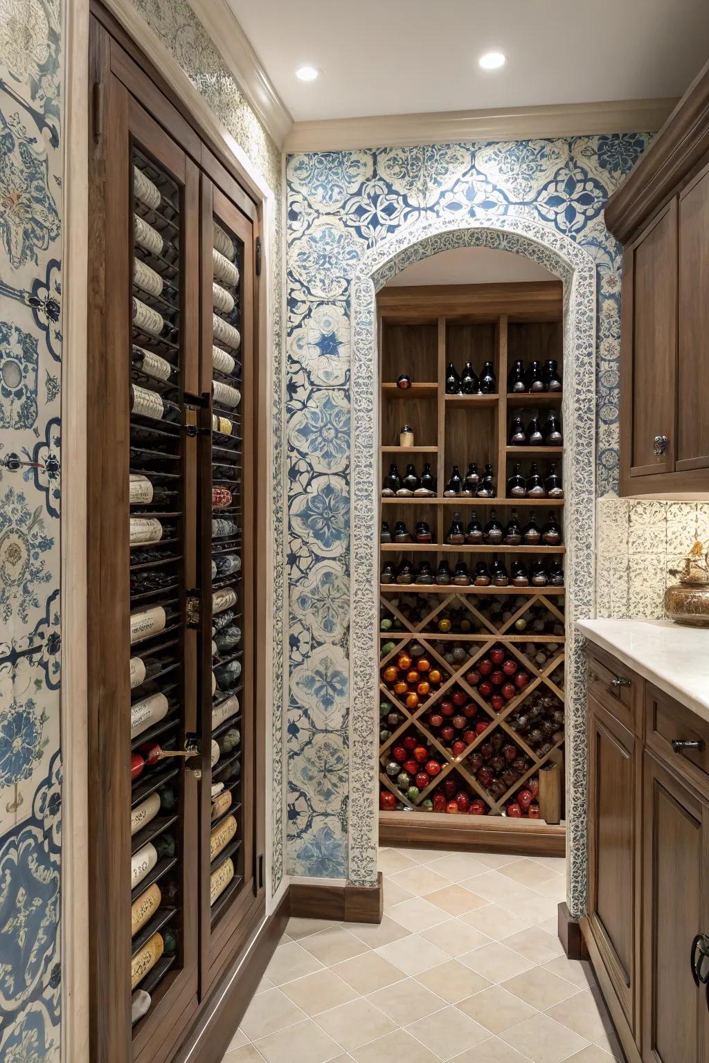 A wine closet with an eye-catching feature wall