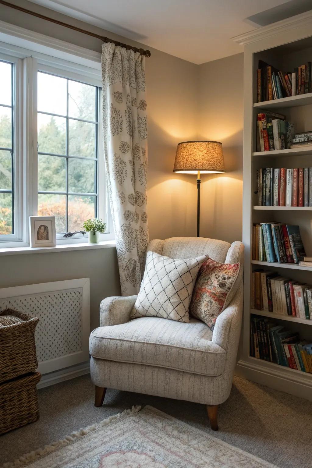 A reading nook offers a cozy escape within your bedroom.