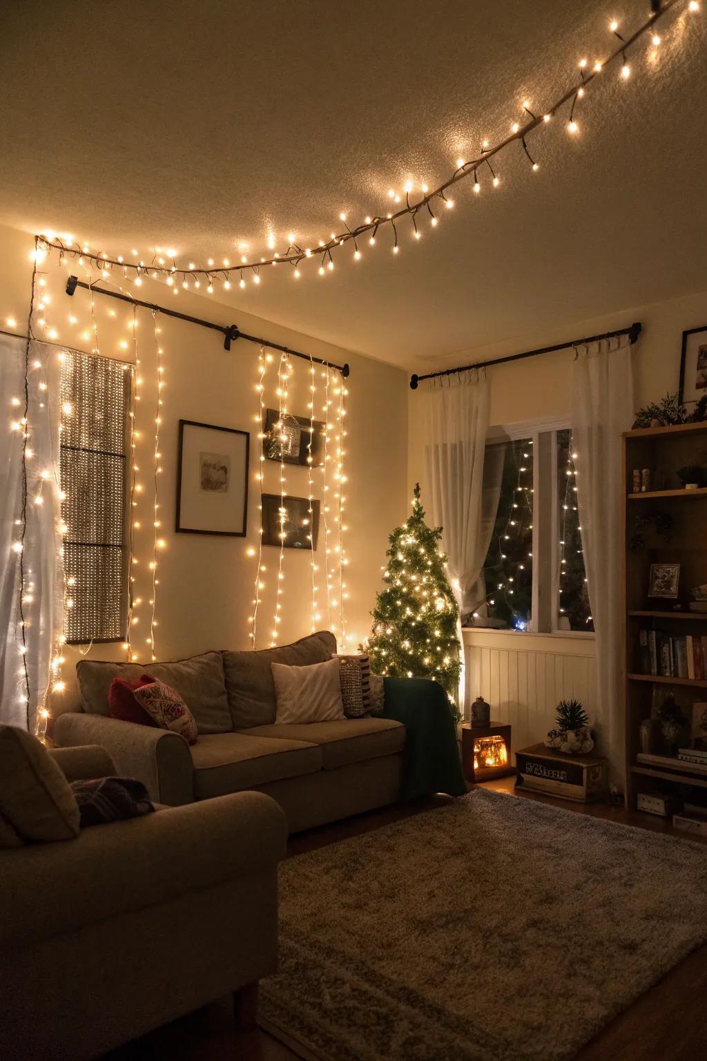 Twinkle lights create a warm, inviting atmosphere.