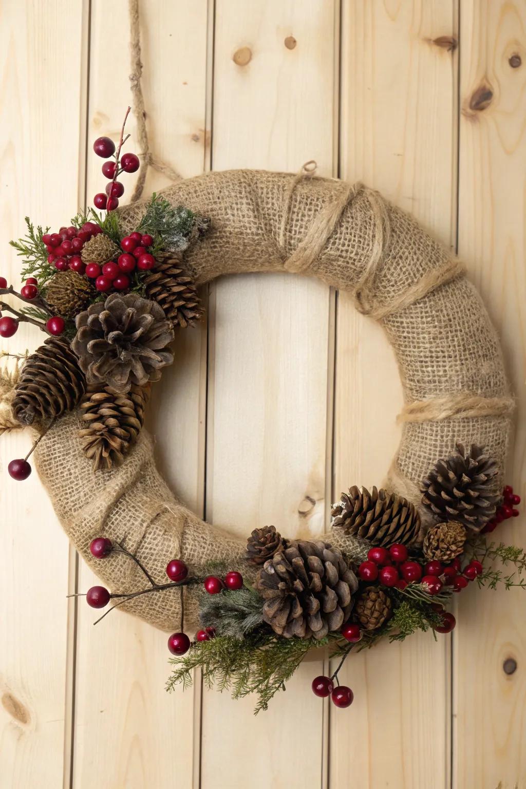 Burlap and natural elements create a rustic winter wreath.