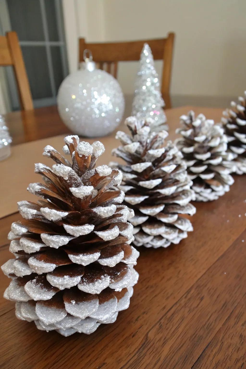 Frosted pine cones bring a rustic touch to your decor.