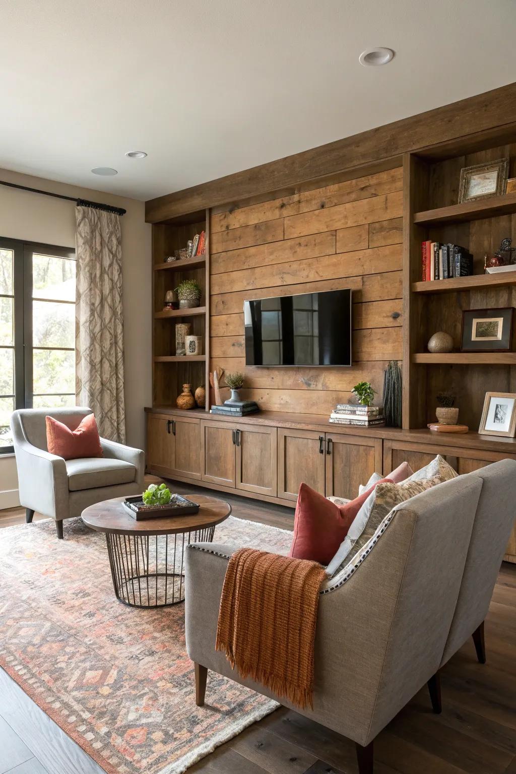 A living room with a wood panel accent wall featuring built-in shelves.