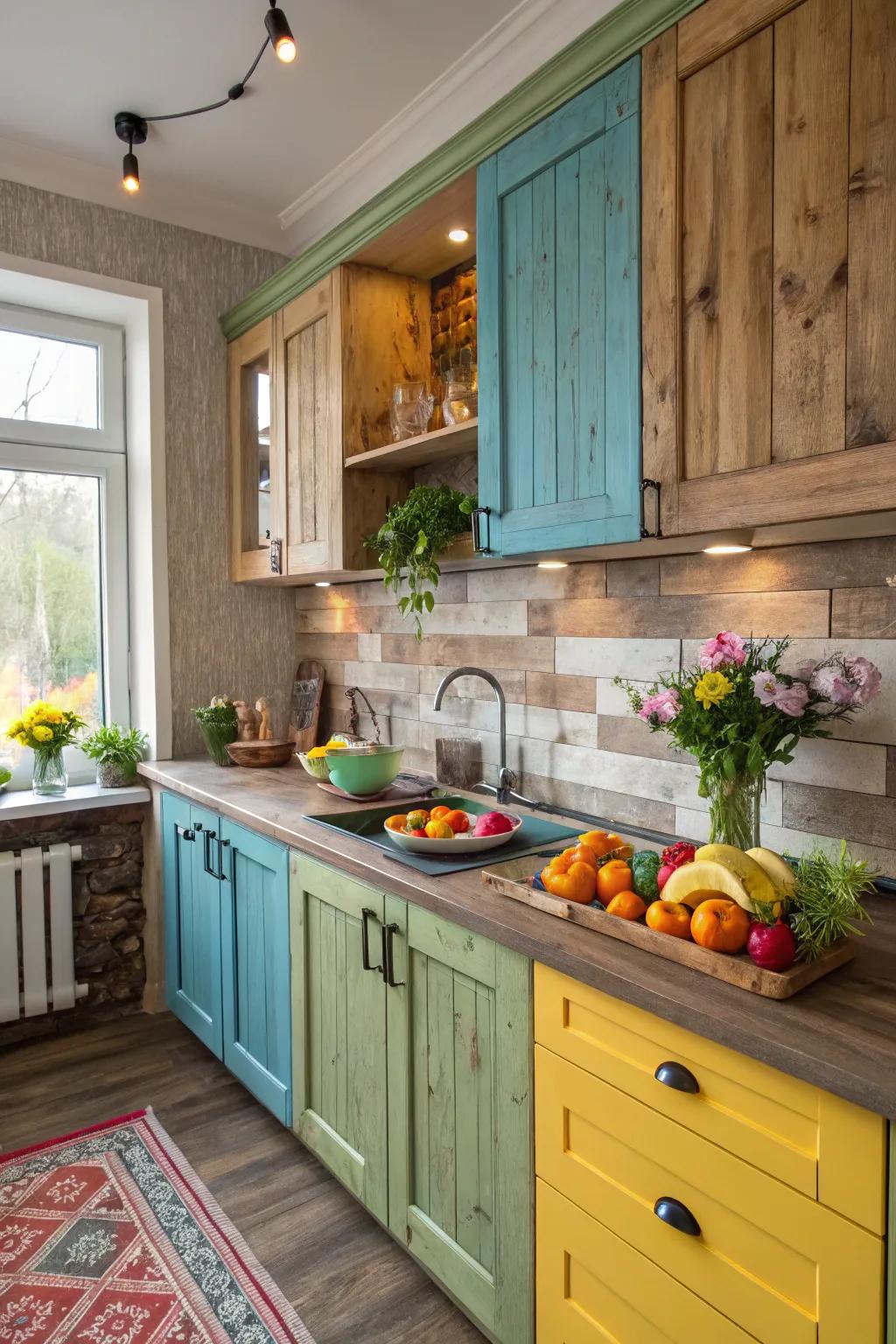 An eclectic kitchen featuring a mixed wood texture backsplash for a unique look.