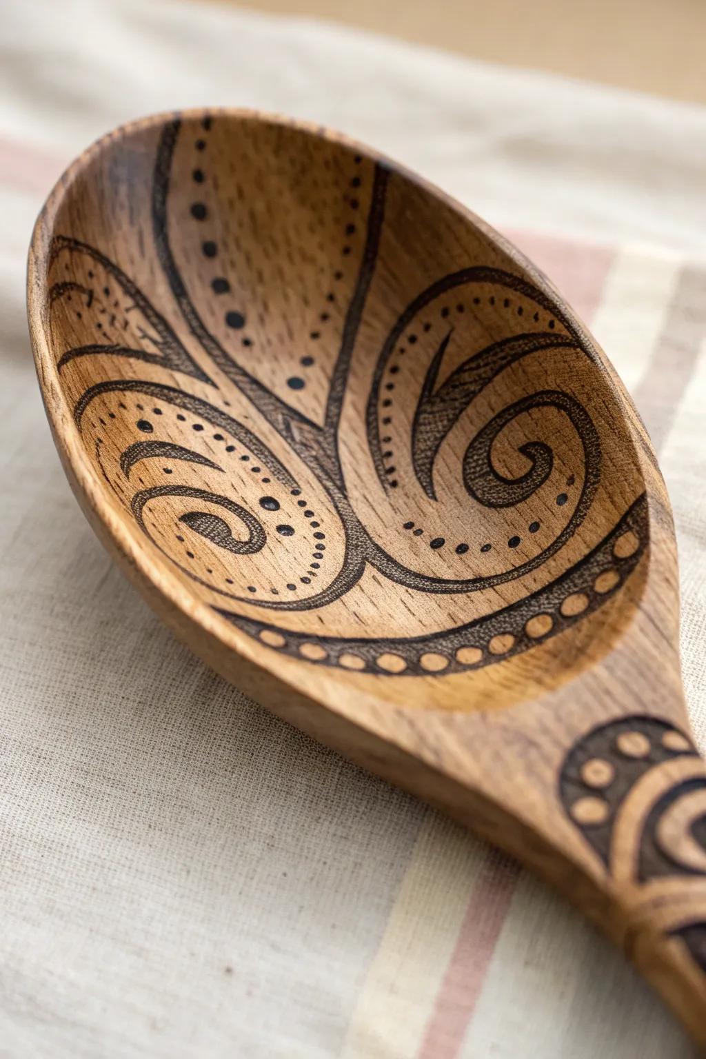 Embrace the art of craftsmanship with this uniquely wood-burned spoon.