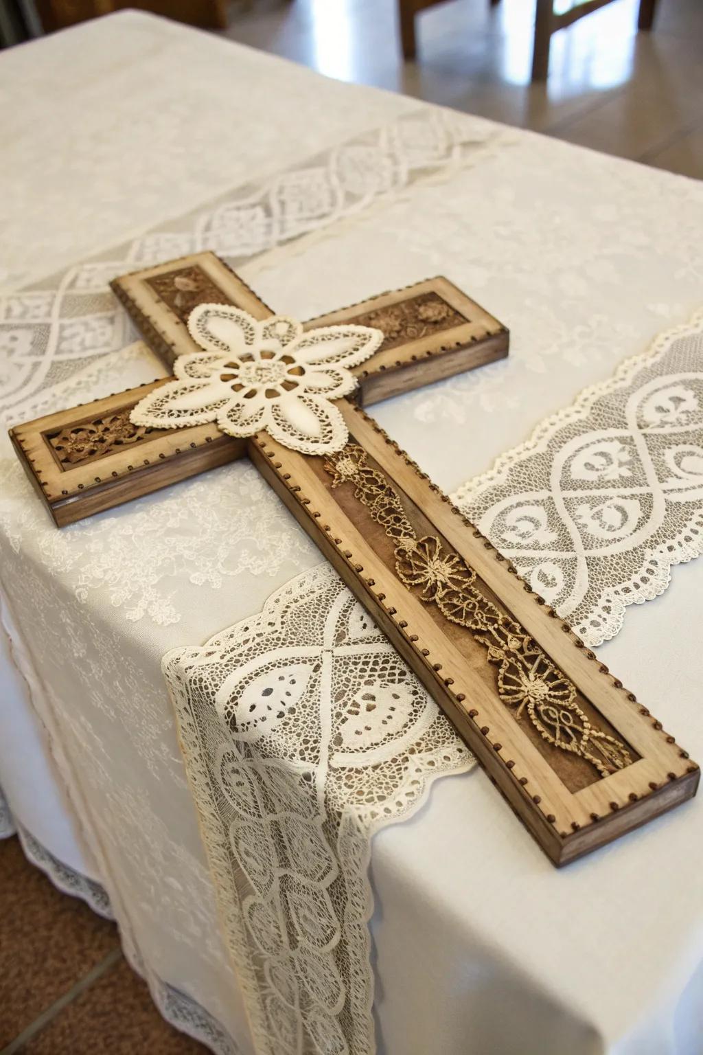 Vintage lace designs add a touch of elegance to wooden crosses.