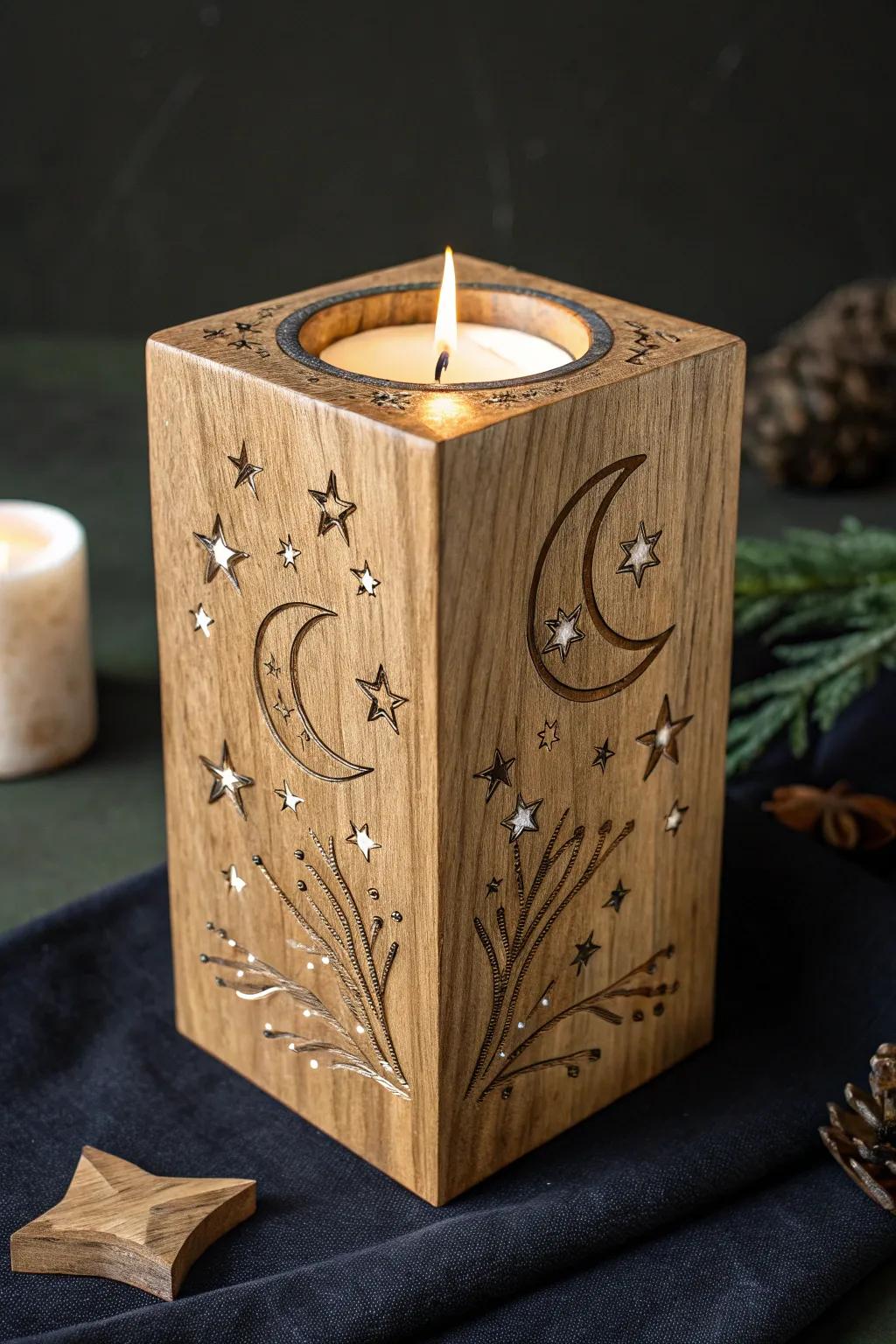 Illuminate your space with the art of craftsmanship: a celestial wooden candle holder that tells a story of elegance and warmth.