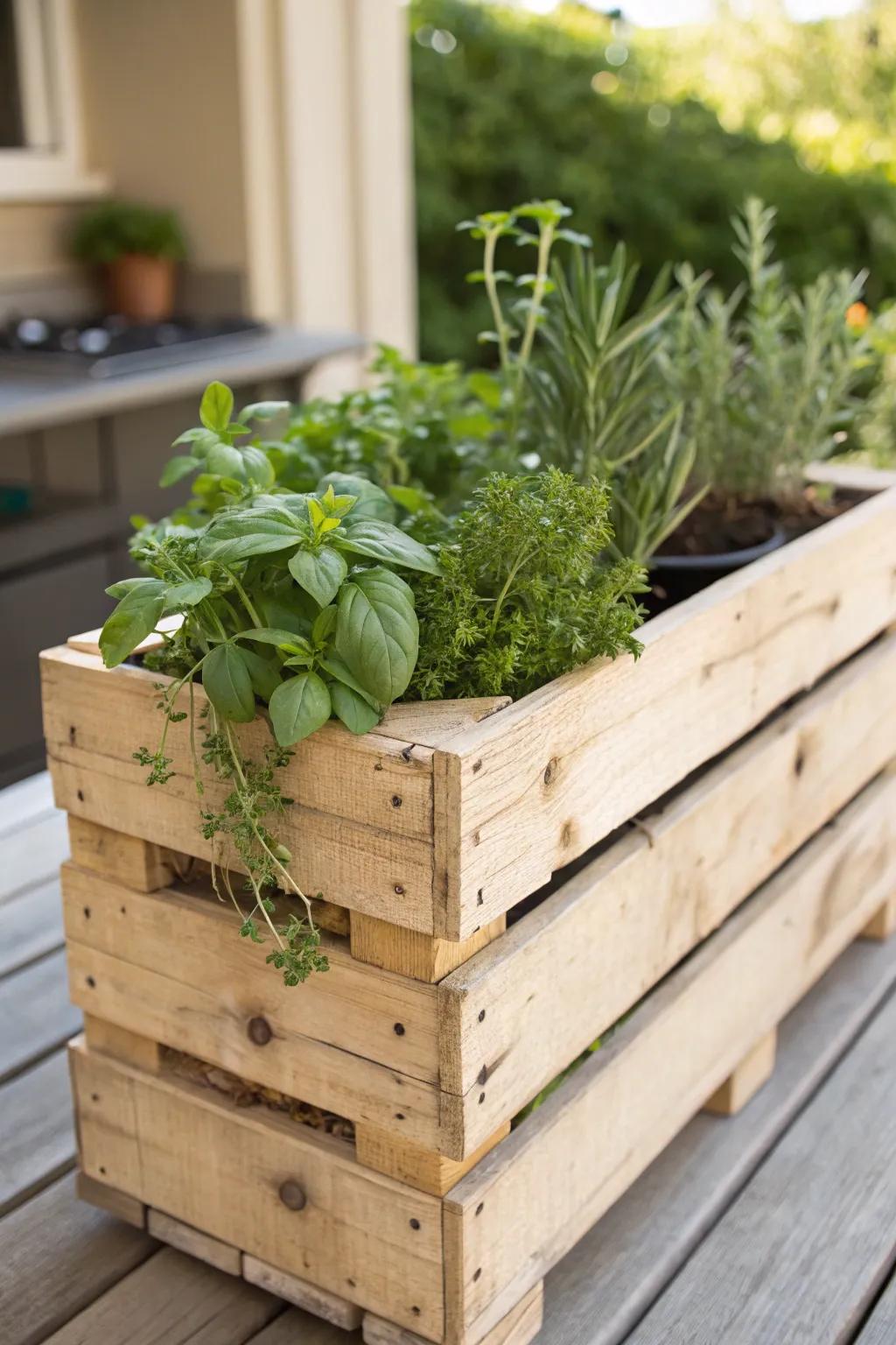 Elevate your kitchen garden with a handcrafted pallet herb planter box—where style meets function.