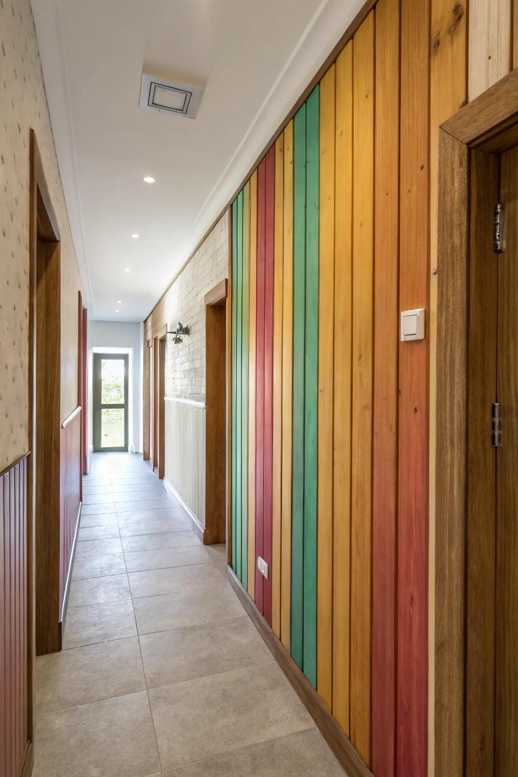 Hallway with bold teal board-and-batten paneling.