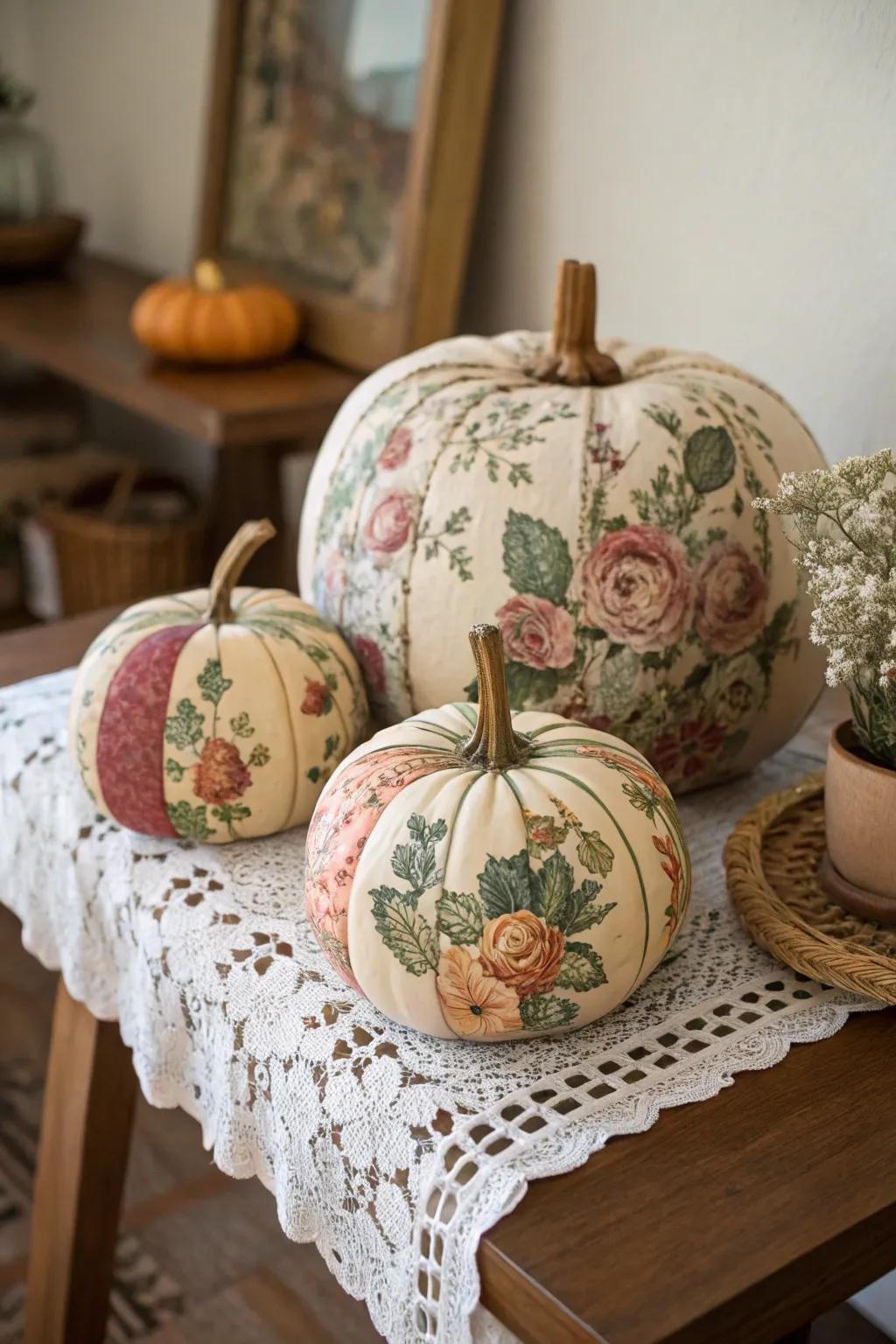 Nostalgic vintage floral patterns on wooden pumpkins.