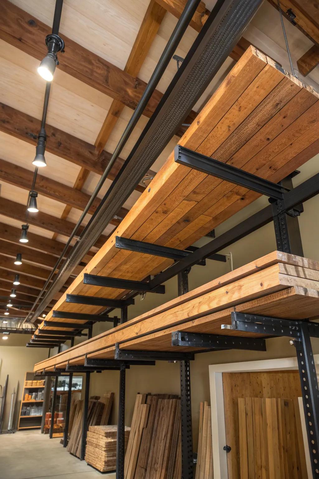 Elevate your workshop with this ingenious ceiling storage solution, merging function with the beauty of craftsmanship.