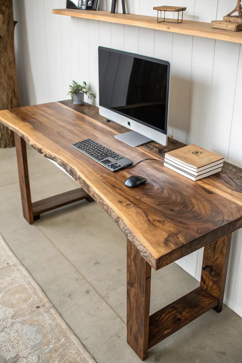 Elevate your workspace with a stunning wood slab desk featuring a sleek monitor shelf.