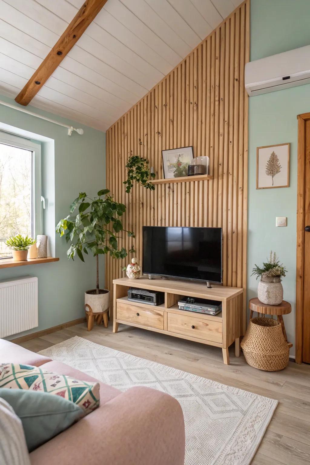 Pine wood slats create a light and airy atmosphere.