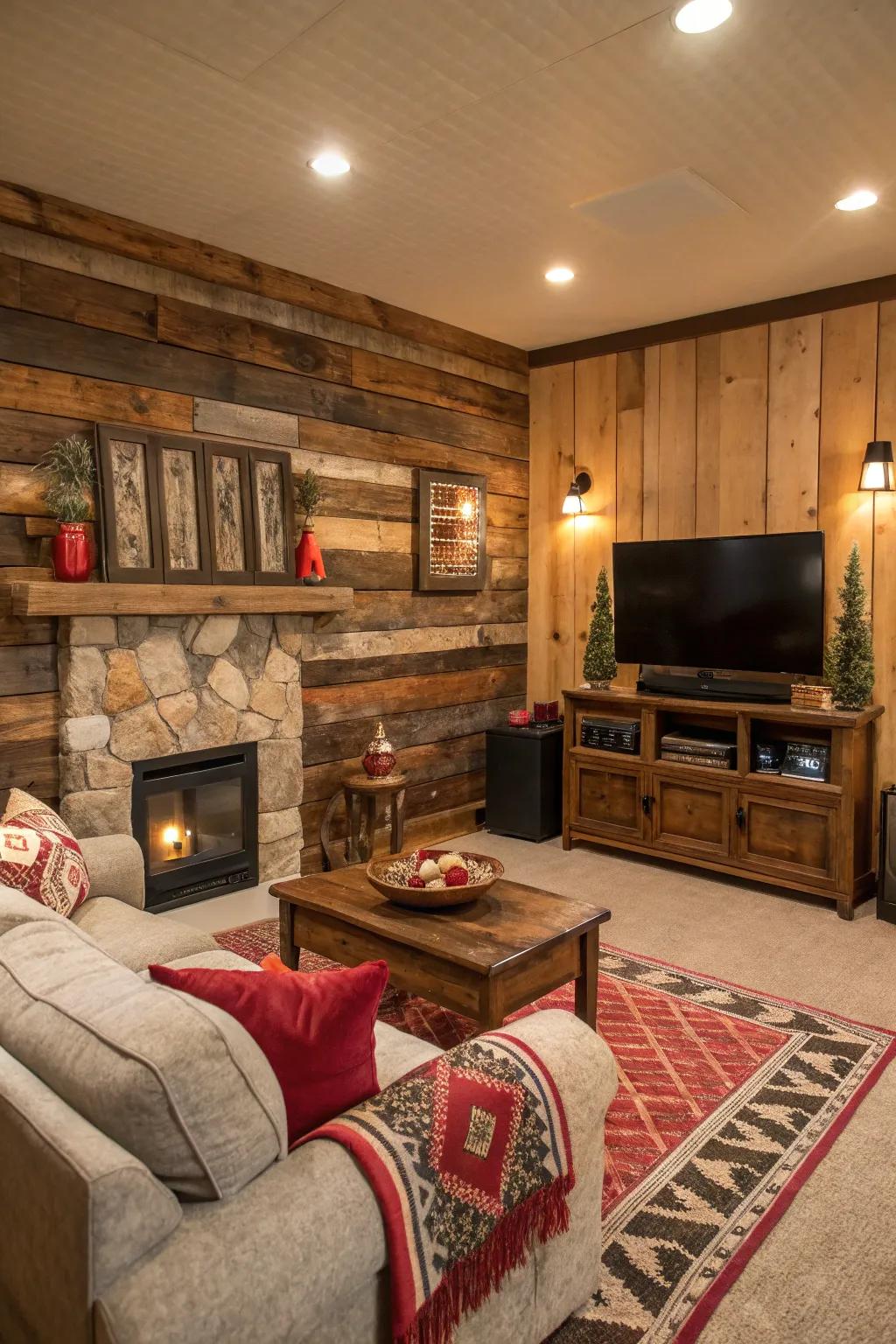 Rustic living room featuring a warm reclaimed wood wall.