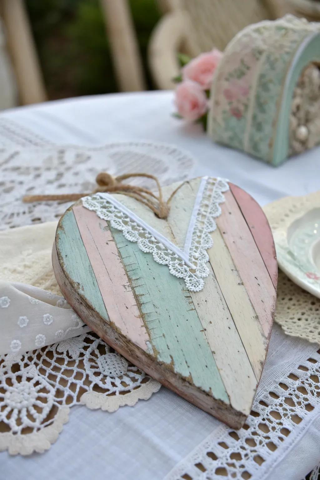 Shabby chic hearts create a cozy, vintage atmosphere.