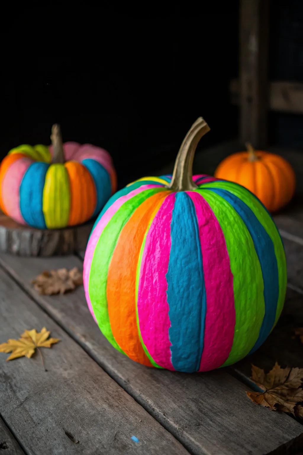 Neon colors transform traditional pumpkins into bold, modern art.