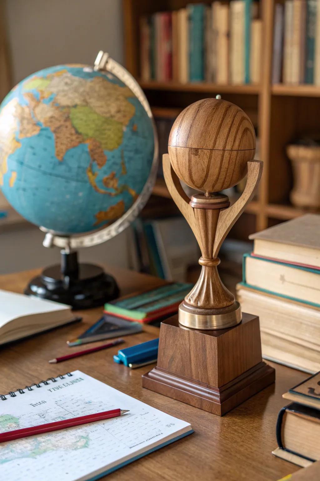 Wooden globe trophies make a worldly and educational statement.