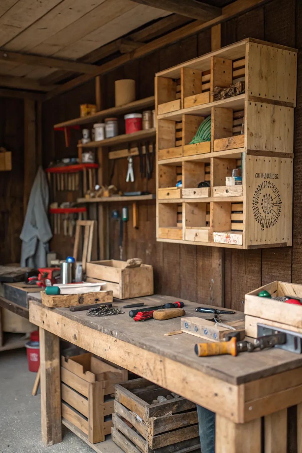 Crate shelving adds rustic charm to your workspace.