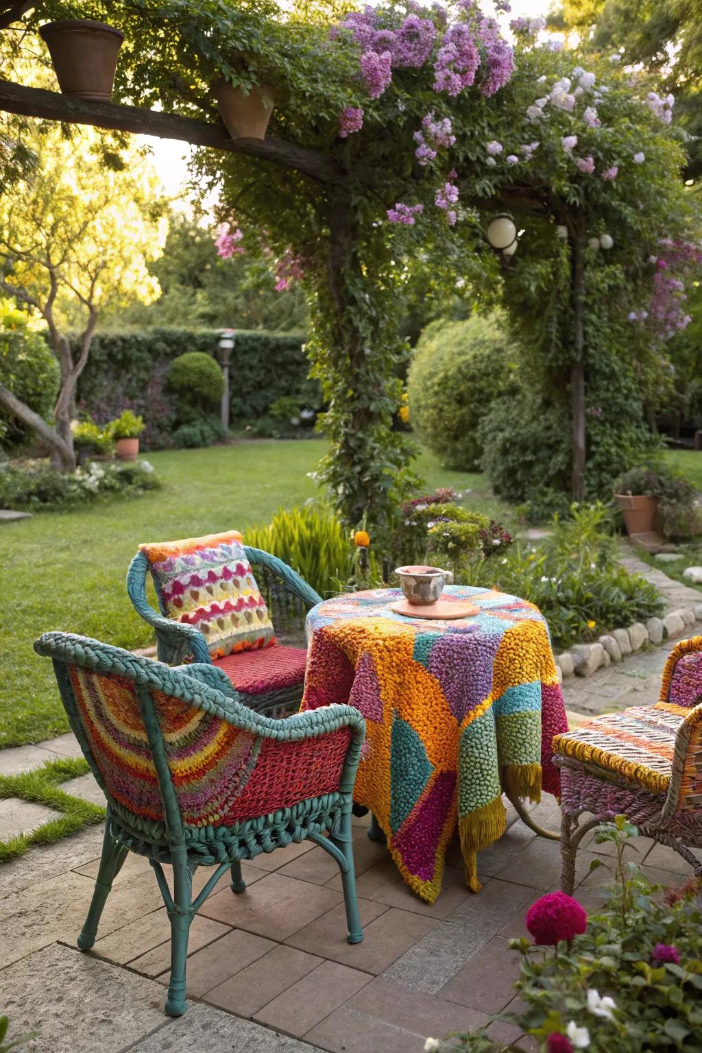 Yarn covers turn patio furniture into a colorful retreat.