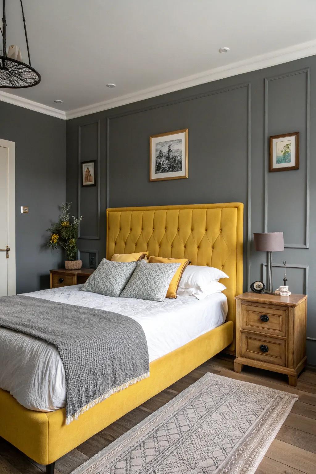 A striking yellow headboard becomes the focal point in a grey bedroom.