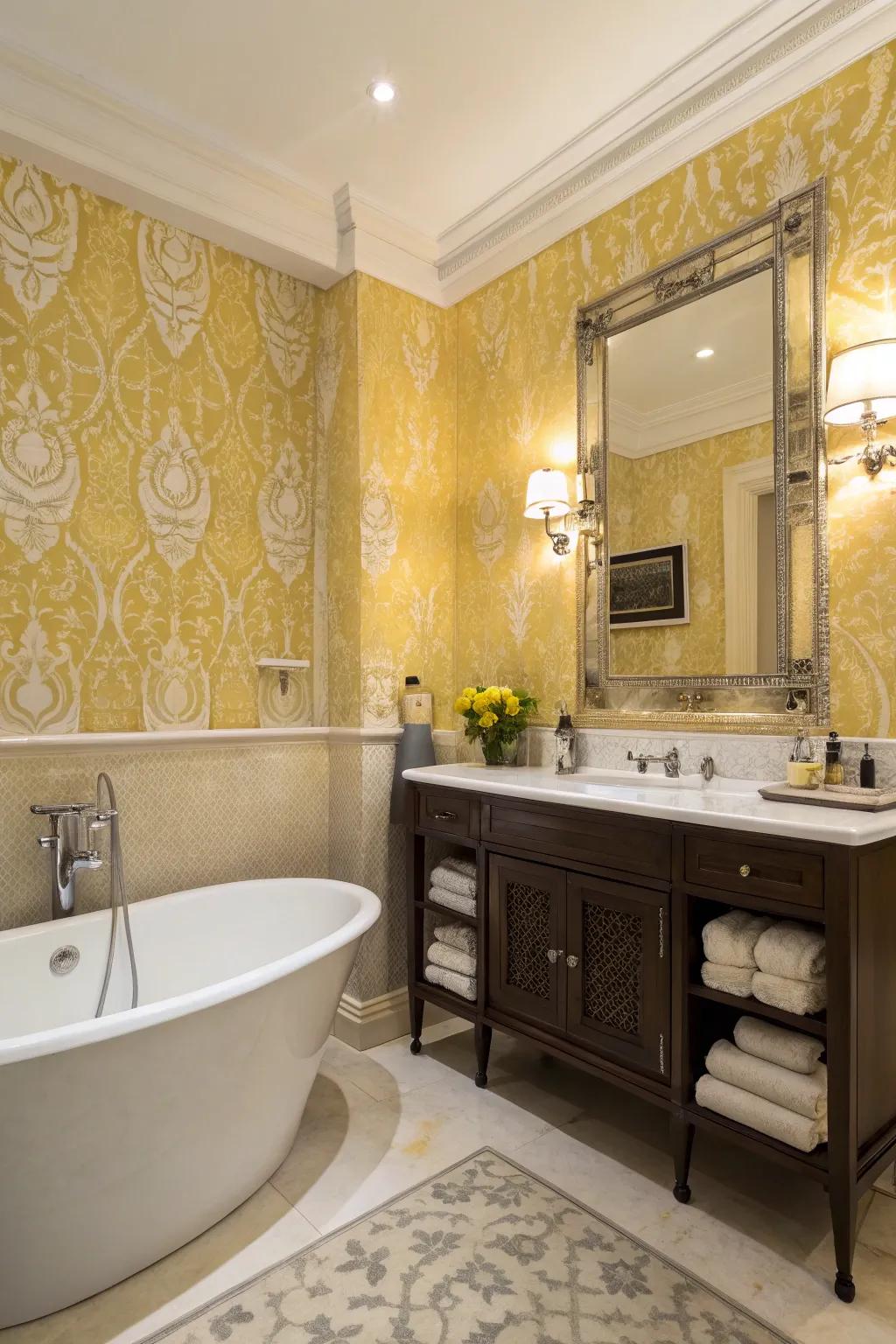 Etched yellow wallpaper adds elegance and texture to this bathroom.