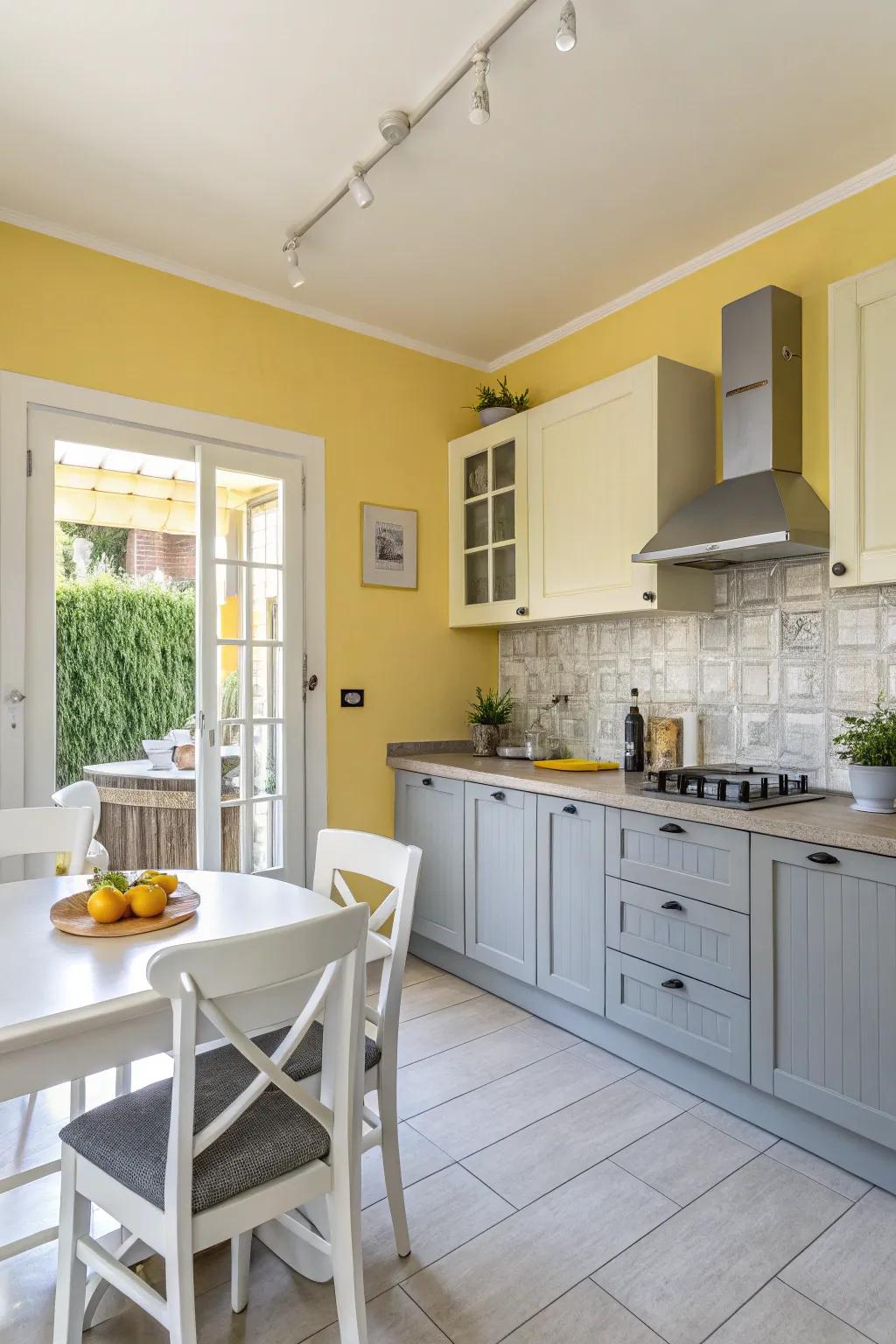 Yellow walls paired with grey and white furniture create a lively kitchen retreat.