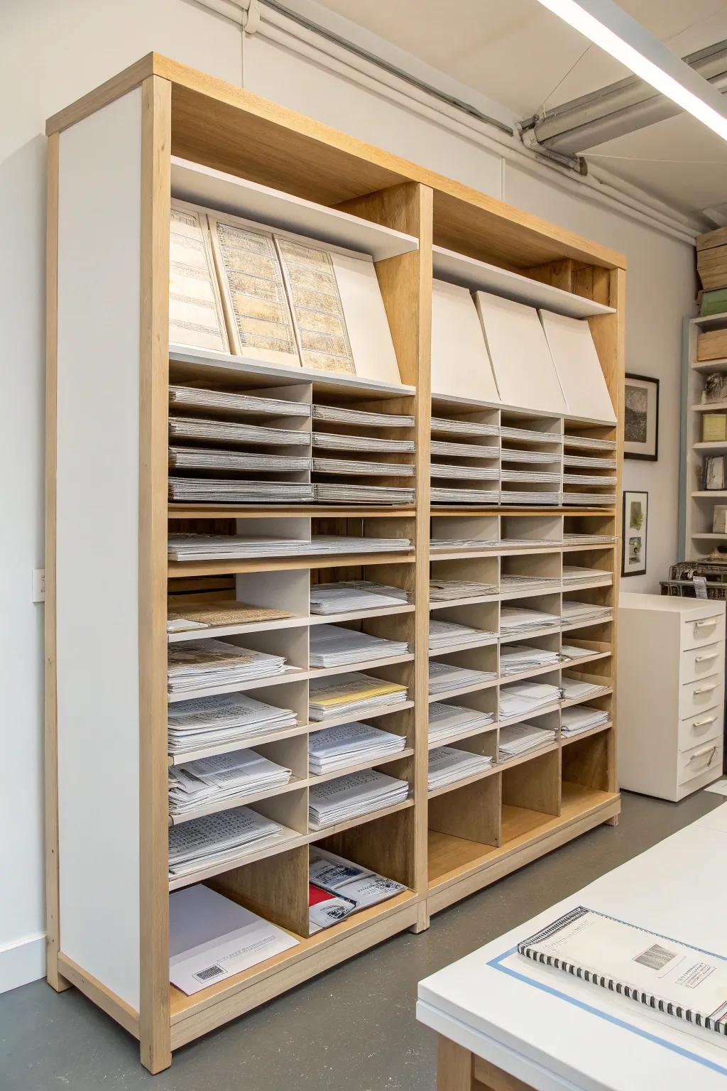 Custom shelving units provide tailored solutions for maximizing paper storage in any space.