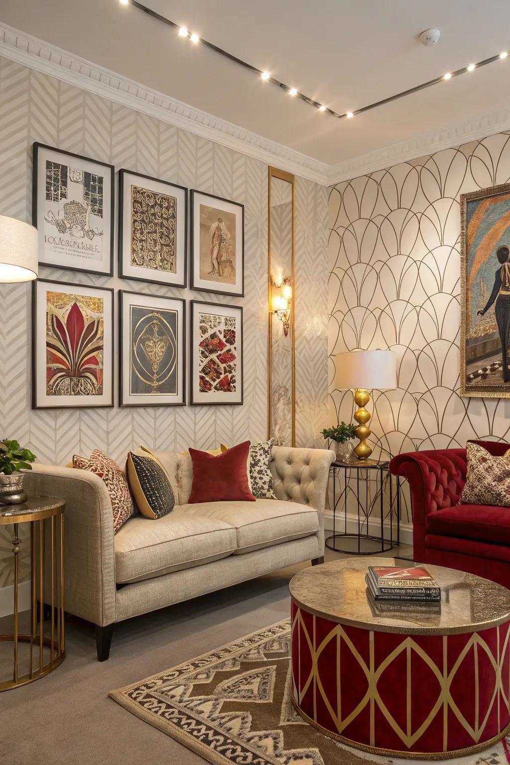 Art Deco prints add a vibrant and dynamic touch to a 1930s-inspired space.