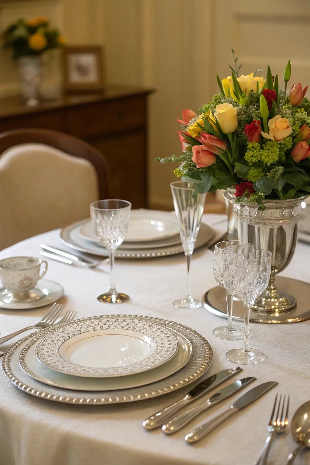 Silver accent tableware adds elegance to dining experiences.