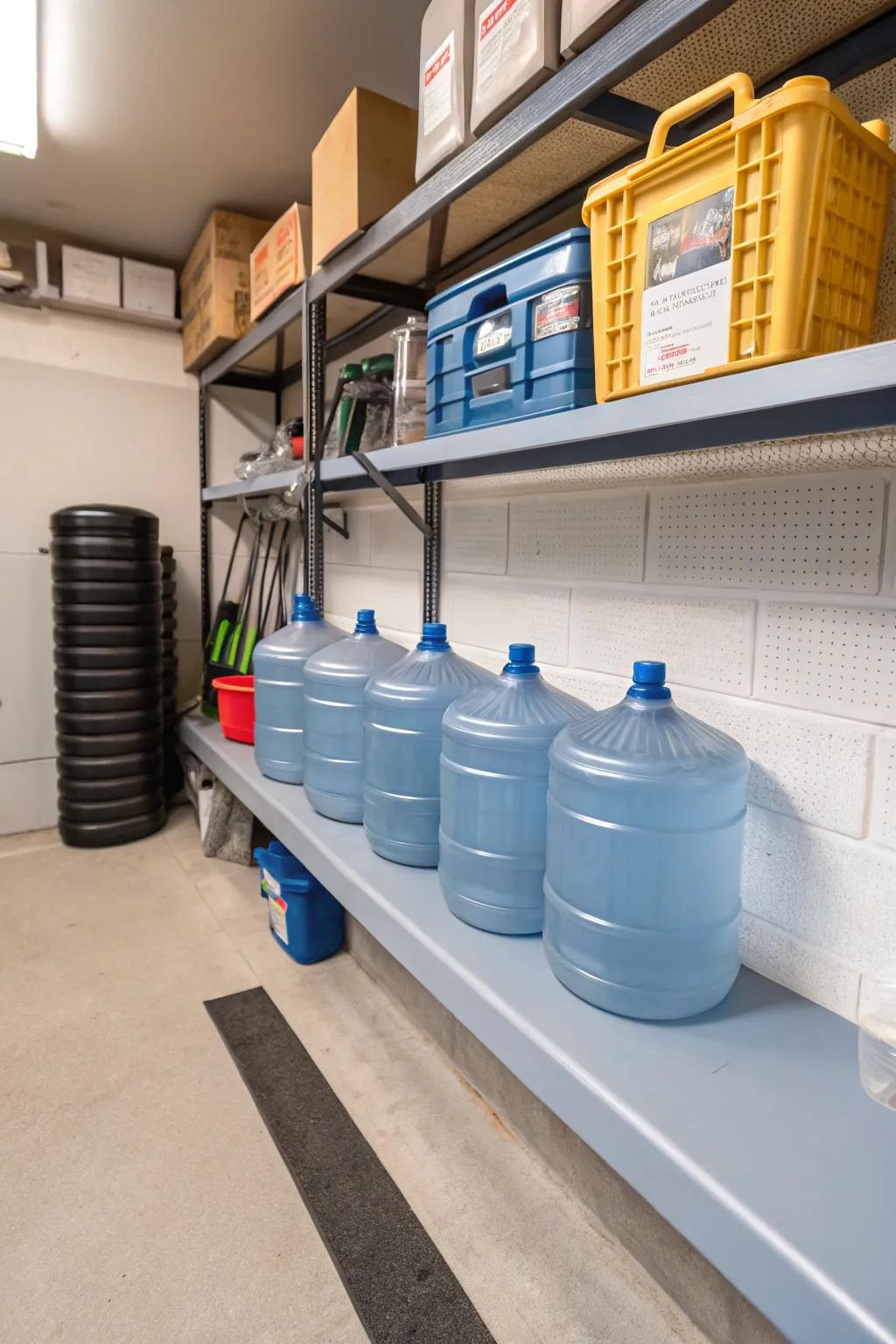 Basement storage keeps jugs out of the main living space.