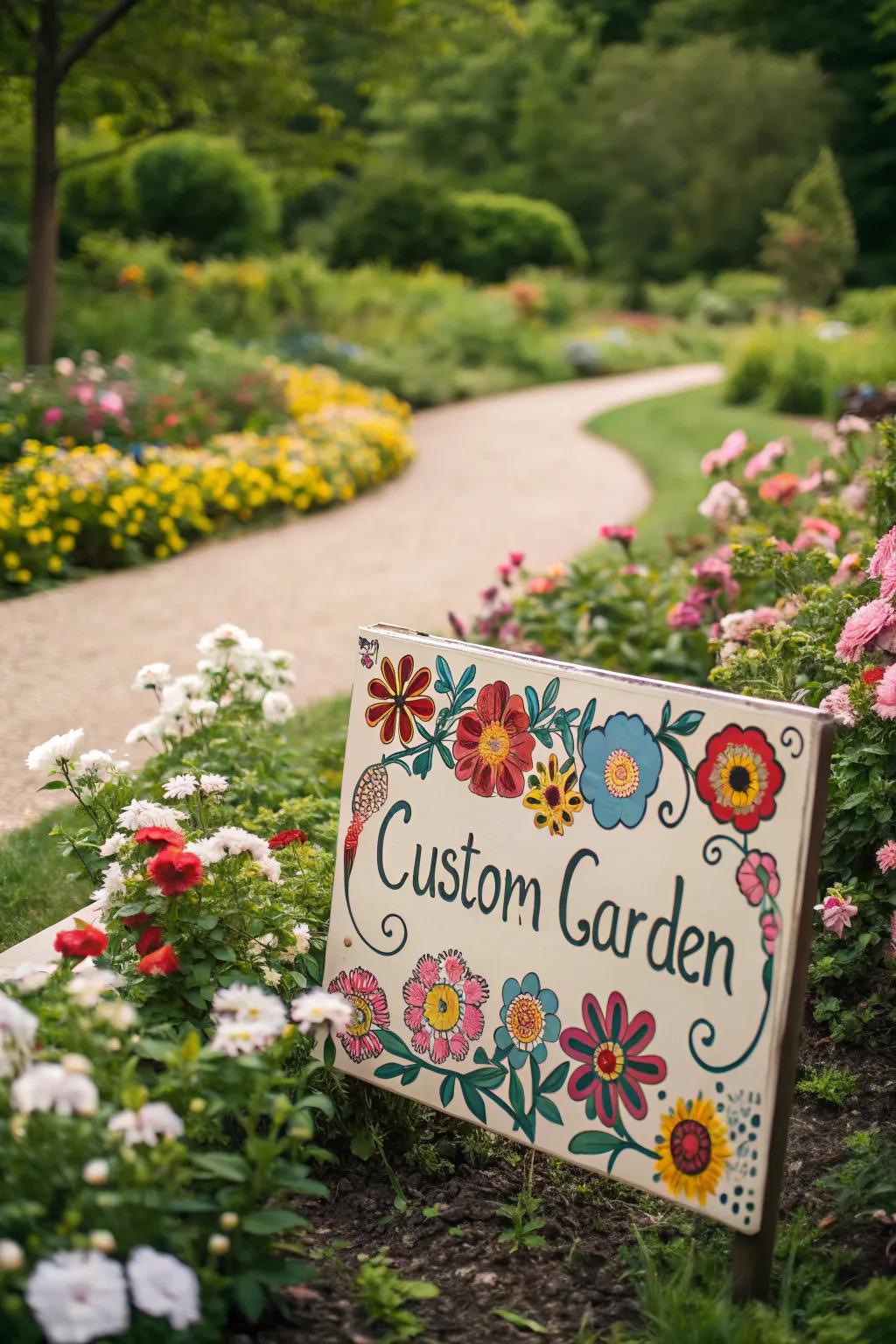 A custom garden sign adds a personal touch to her outdoor space.