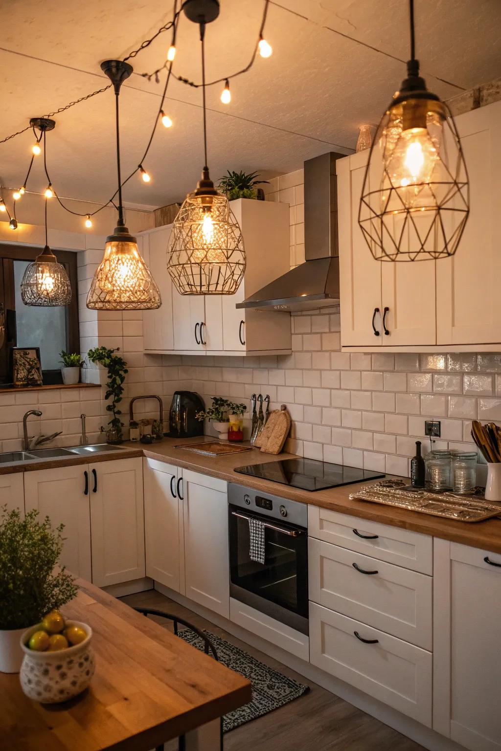 Whimsical lighting above cabinets adds a playful touch.