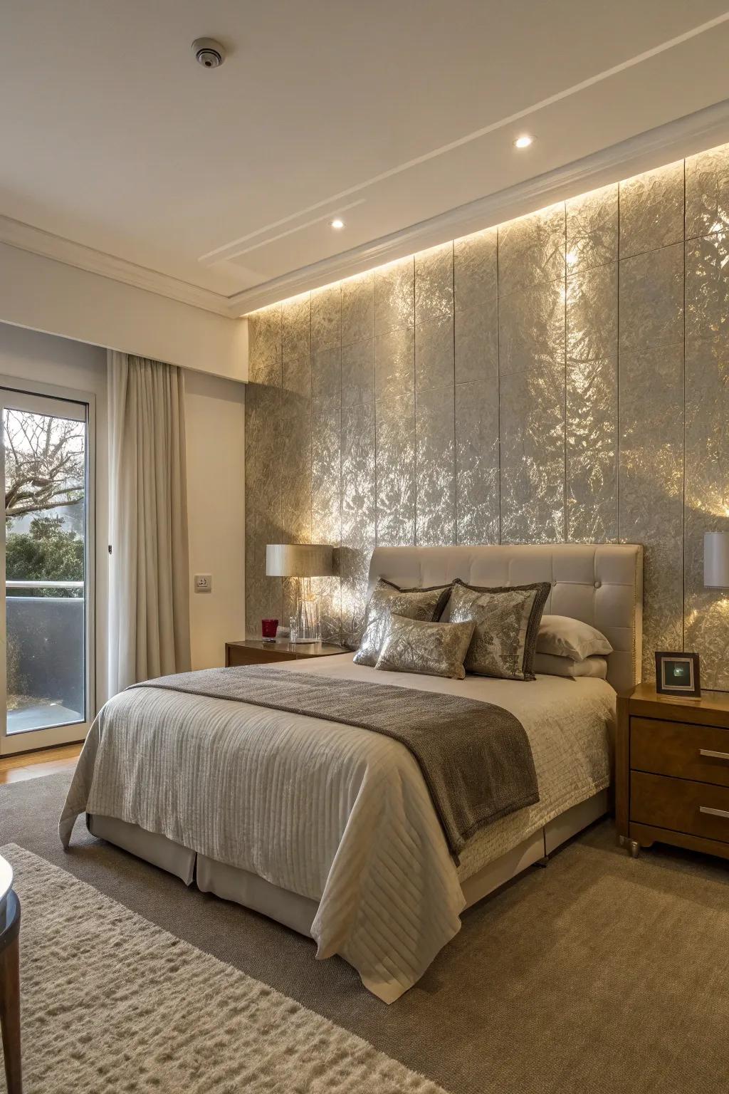 Metallic wallpaper provides a modern glow and luxurious feel.