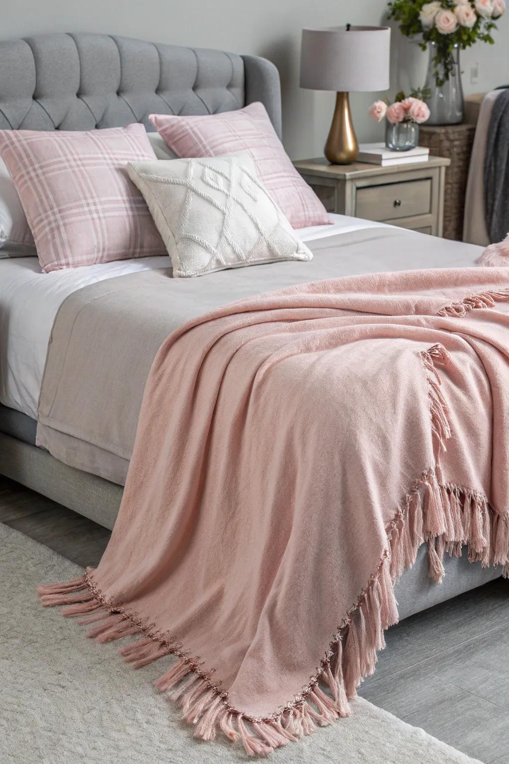 A pink throw blanket adds warmth and coziness to the bed.