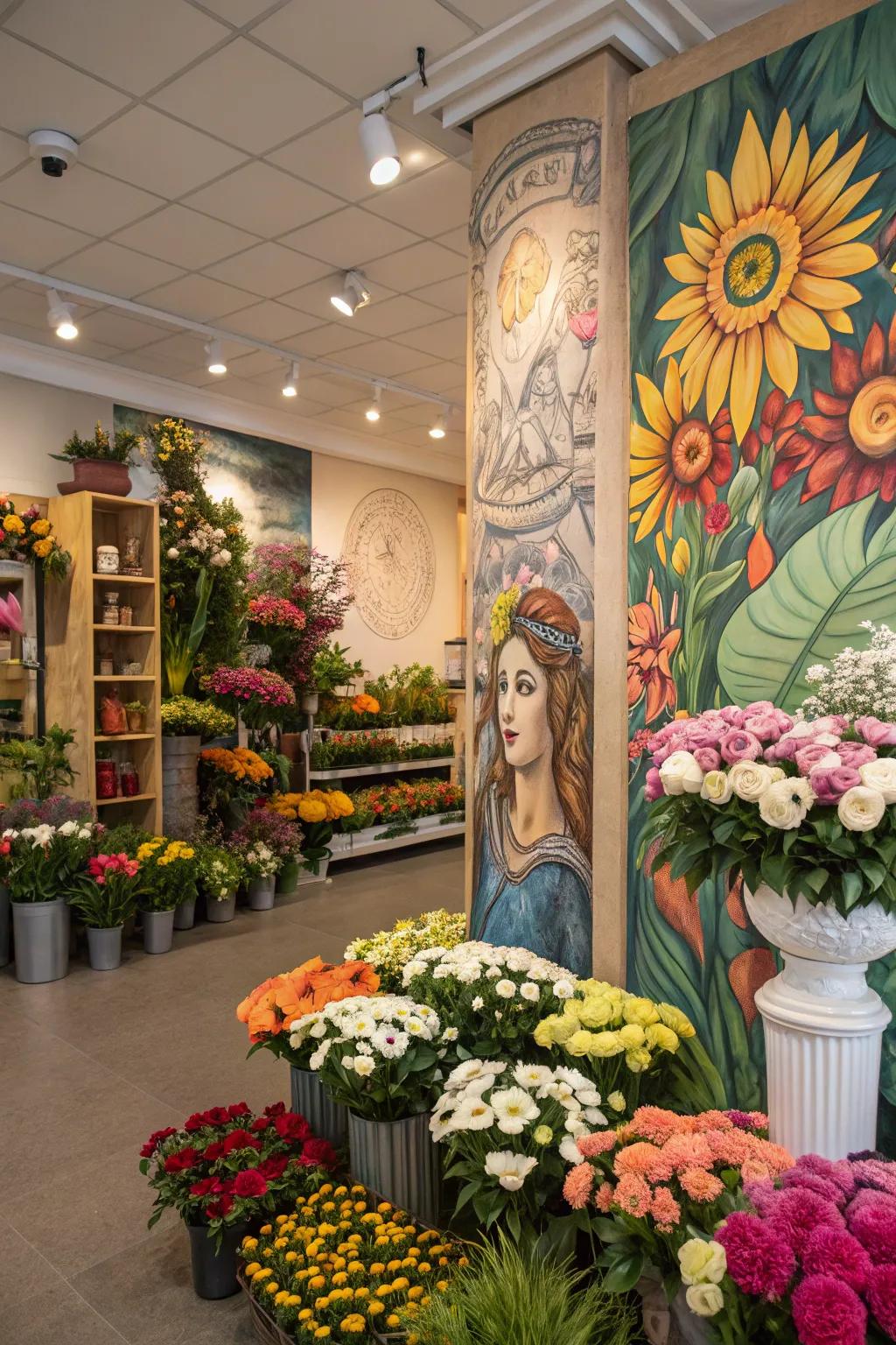 Floral art pieces in a flower shop