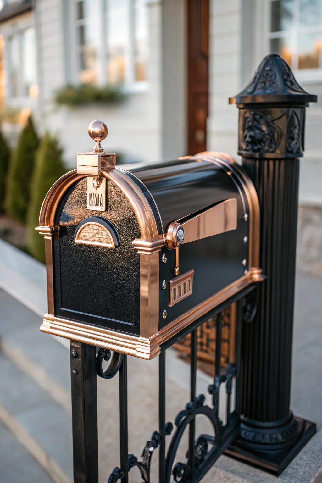 A luxurious mailbox with copper accents and a polished look.